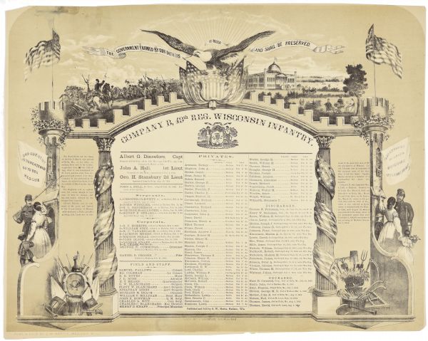 A Civil War roster commemorating the soldiers of Company B in the 49th Reg. Wisconsin Infantry. There is an eagle at center top with a banner that reads: "The Government Framed By Our Fathers It Must And Shall Be Preserved." A banner on the left reads: "Our Country is Threatened Go To Their Rescue", and on the right the banner reads: "Our Country is Saved Welcome Welcome Home". At the bottom left are weapons, a soldier's cap and a trumpet displayed around a drum. At the bottom right are agricultural tools with a sheaf of wheat sitting on a basket of corn.