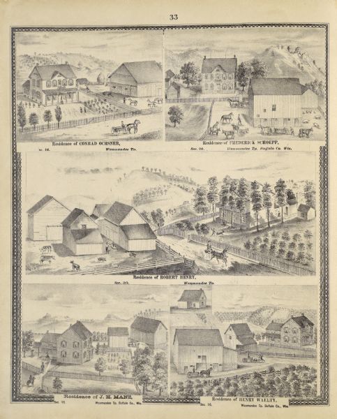 A page from an illustrated historical atlas depicting five residences, including that of Conrad Ochsner.