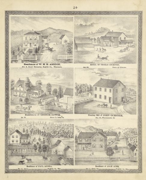 A page from an illustrated historical atlas showing four residences, a hotel and the flouring mill of John Ochsner. 