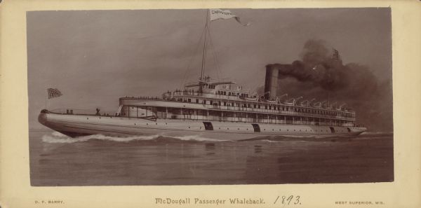 Illustration of the McDougall Passenger Whaleback out on the water. Text at bottom right of card reads: "West Superior, Wis."