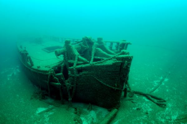 Underwater view of the port side of the wreck of the schooner <i>Home</i>.