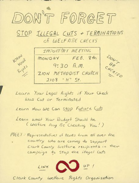 A flier titled: "Don't Forget" advertises an important meeting organized by the Clark County Welfare Rights Organization.