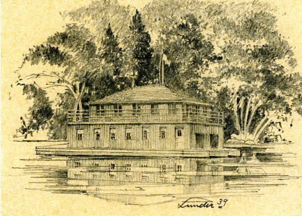 Pencil sketch of the Forest Lodge boathouse on Lake Namakagon. Sketch is signed "Lundir '39".