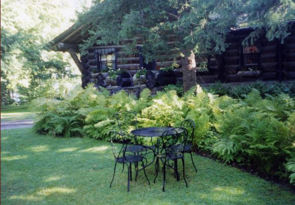 A round black metal table and four black metal chairs are on the lawn at the side of the main lodge at Forest Lodge. Ferns edge the lawn next to the log wood lodge. Log flower planters are attached under the windows of the lodge.