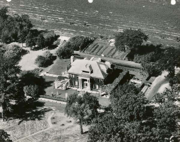 Aerial view of the Zerk residence showing the front of the house.