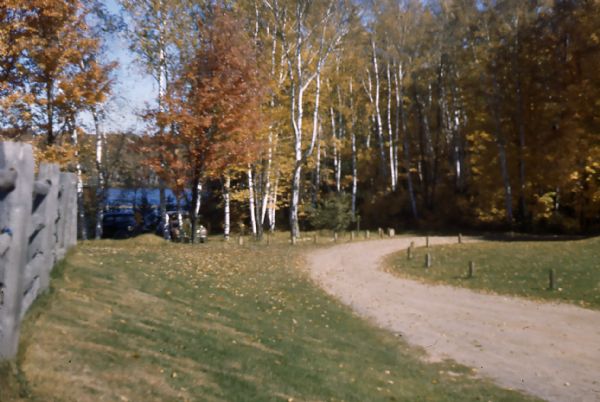 Narrow curved dirt lane passing by fenced cow pasture. Lake Namakagon is seen through autumn birch trees; two automobiles are parked on the grass under the trees.