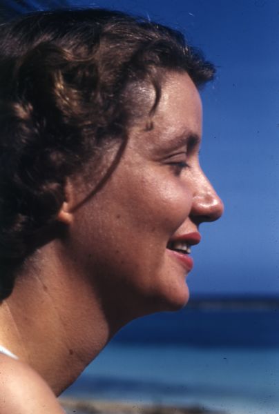Head-shot of Mary Griggs (Burke) at the beach, Nassau, Bahamas.