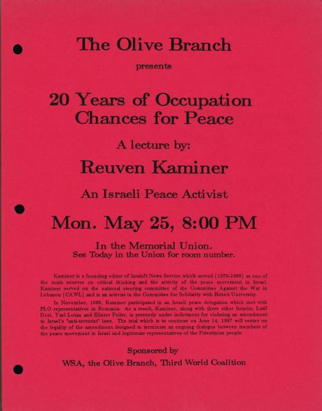 A flyer announcing a lecture by Reuvin Kaminer, an Israeli peace activist. 