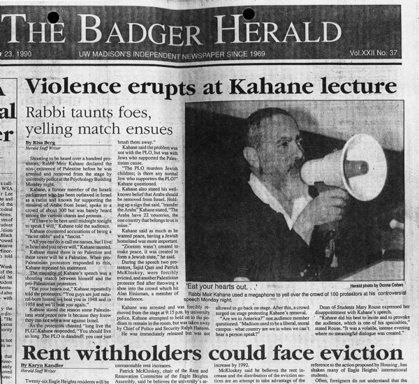 An article in <i>The Badger Herald</i> written by Risa Berg about a lecture by Rabbi Meir Kahane which was disrupted by protesters. It includes an image of Kahane speaking through a megaphone.