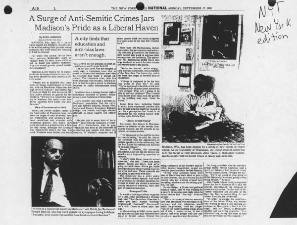 An article appearing in the <i>New York Times</i> about a series of anti-Semitic crimes in Madison.
