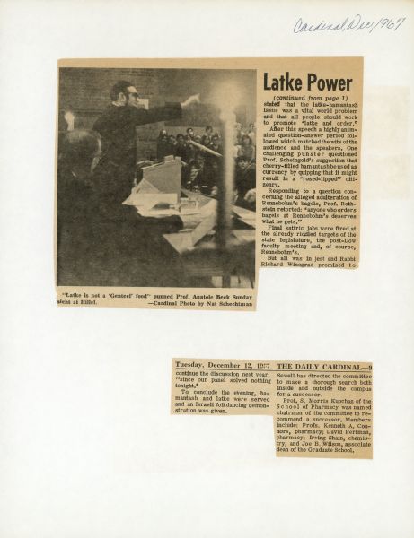 A portion of an article titled: "Latke Power" in the <i>Daily Cardinal</i> newspaper. Accompanying the article is a photograph of Professor Anatole Beck speaking at Hilllel. 