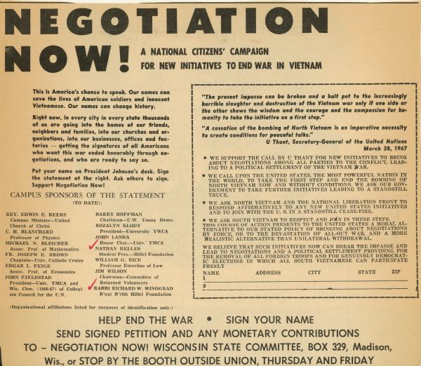 A newspaper advertisement titled: "Negotiation Now!" described as a national citizens' campaign to end war in Vietnam. 