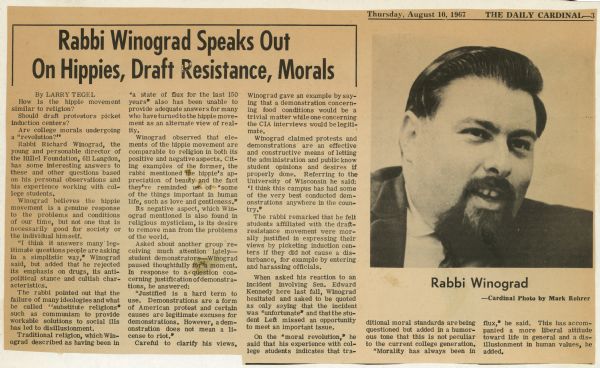An article in the <i>Daily Cardinal</i> newspaper titled: "Rabbi Winograd Speaks Out On Hippies, Draft Resistance, Morals." The article is accompanied by a photograph of Winograd.