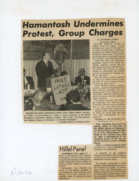 An article in the newspaper the <i>Daily Cardinal</i> titled: "Hamantash Undermines Protest, Group Charges." There is an accompanying image of a UW-Madison professor holding a sign that reads: "Make Latkes, Not War."