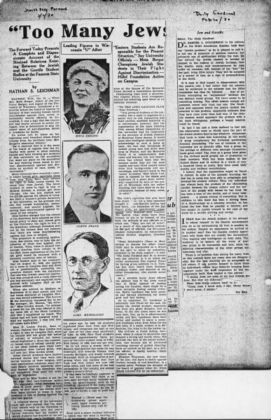 A page of the <i>Daily Cardinal</i> with an article titled: "Too Many Jews." 