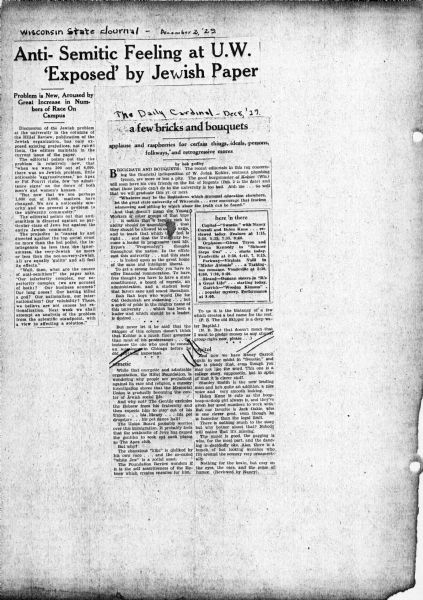 Articles published in the <i>Wisconsin State Journal</i> and the <i>Daily Cardinal</i> regarding anti-Semitism on the University of Wisconsin Madison campus.