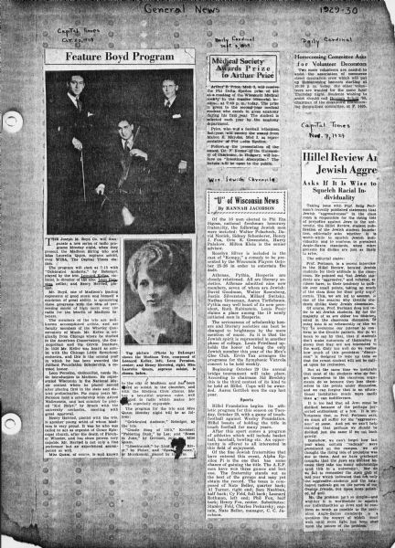 Newspaper clippings, including an article titled: "Hillel Review Are Jewish Aggressive."