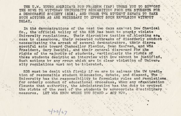 Typed statement by Young Americans for Freedom. The first paragraph reads: "The U.W. Young Americans for Freedom (YAF) urges you to support the move to withdraw University recognition from the Students for a Democratic Society (SDS), and urges the student senate to take such actions as are necessary to effect such expulsion without delay."