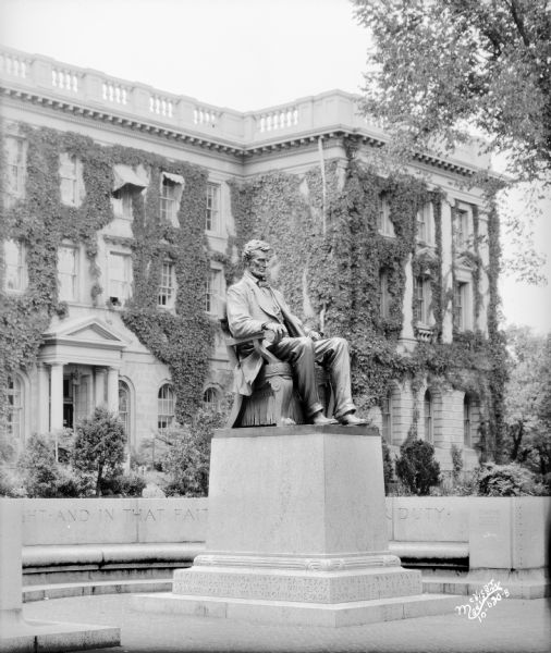 View towards the statue of Abraham Lincoln in front of Bascom Hall at the University of Wisconsin-Madison.