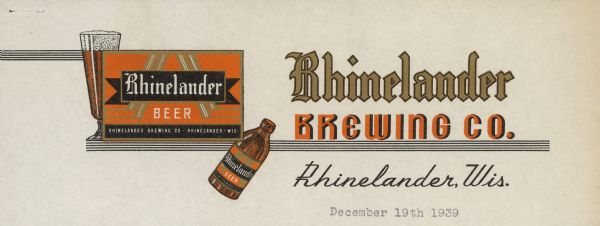 The official letterhead of the Rhinelander Brewing Company. The logo is printed in black, orange, and brown.