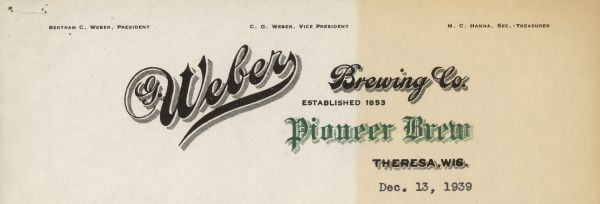 A letterhead in black and green from G. Weber Brewing Co. advertising Pioneer Beer.
