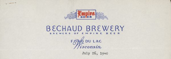 The letterhead for the Bechaud Brewery, advertising Empire Beer. The logo is blue and red.  