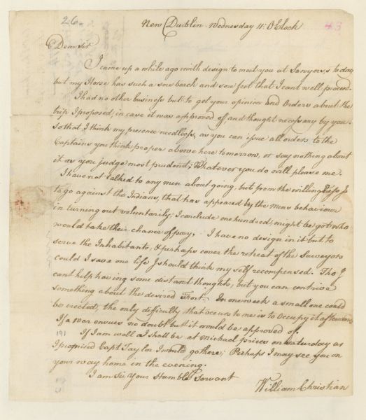 A letter from New Dublin written by William Christian to Col. William Preston.