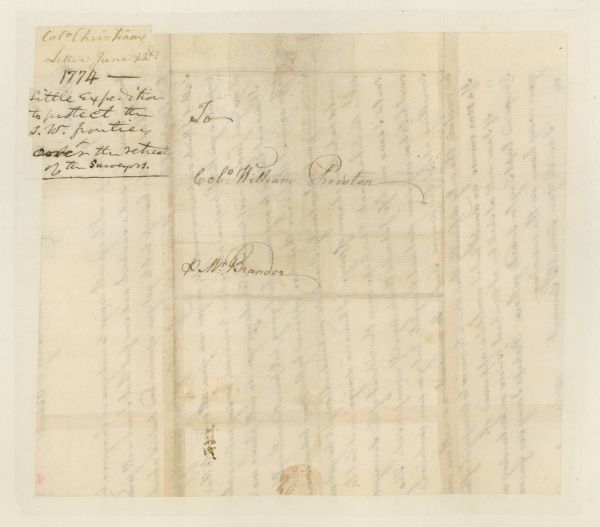 The back of a one page letter written from New Dublin by William Christian to Col. William Preston. 