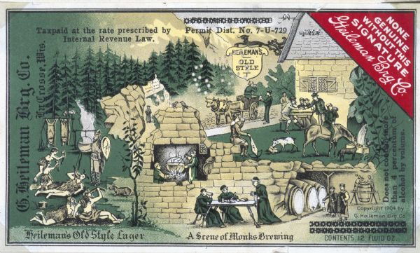 A beer label featuring Heileman's Old Style Lager and Heileman Brewing Company, incorporating a drawing in the center labeled: "A Scene of Monks Brewing". Around the center scene are hunters on the left, and people sitting outdoors in the yard of a building  on the right. Text at top right reads: "None Genuine Without This Signature <i>Heileman Brg. Co.</i>"