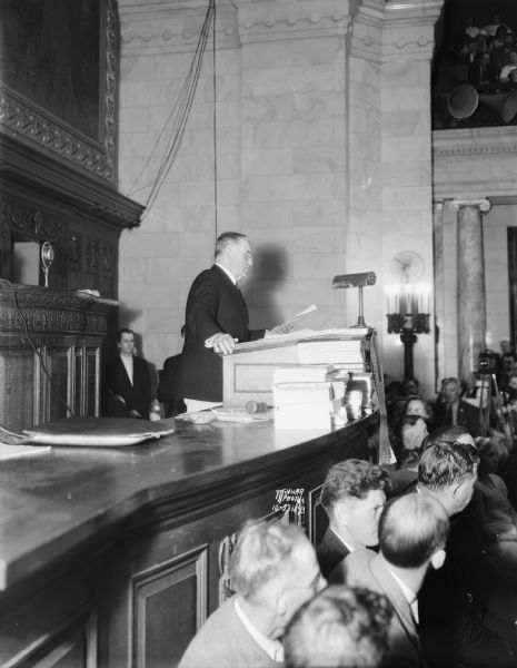 Wisconsin Supreme Court Chief Justice Marvin B. Rosenberry speaking in the Assembly Chamber during the 10th annual Robert M. La Follette, Sr., memorial service.