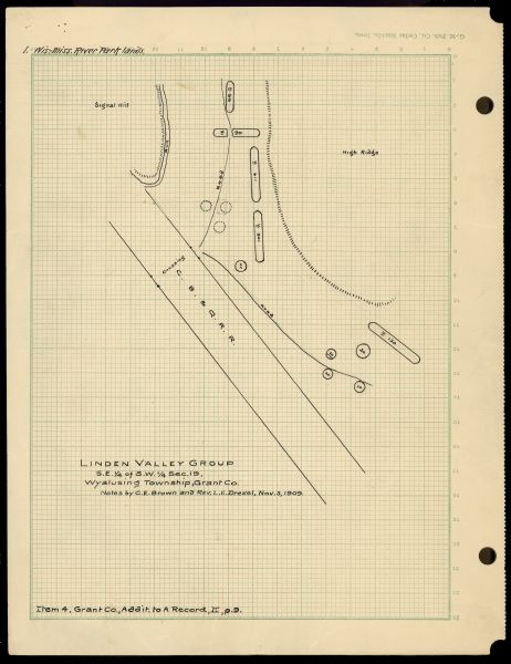 A drawing of a group of burial mounds in Linden Valley. Text on back reads: "These mounds lie at the narrow mouth of Linden Valley on the east side of the C. B. & Q. Ry. tracks and at the base of Signal Hill, on the proposed Wis.-Miss. River Park lands of Mr. Robert Glenn. Several of the conical mounds have been destroyed by cultivation in early days, and several others by the cutting of a farm road in recent years."