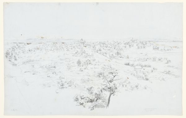 Pencil drawing of Madison landscape as seen from University Hill. The main street in the center is State Street, and the building with Greek columns in the top right is the new (1850) courthouse (where the Capitol Square South Ramp now stands). Small frame homes are spread throughout the village.