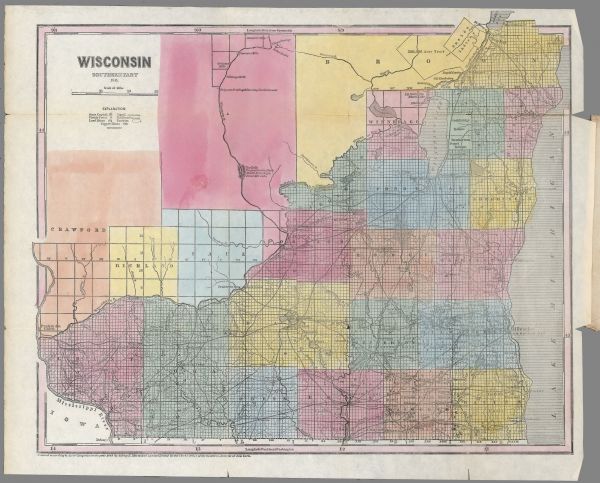 Map of Wisconsin, including lower western border with Iowa, southern border along Illinois, eastern shoreline of Lake Michigan, and northern area along Wisconsin River, Buffalo River, Neenah or Fox River to Green Bay.