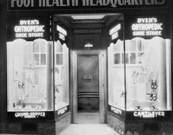 Dyer's Orthopedic Shoe Store, "Foot Health Headquarters," 103 State Street, with signs for Ground-Gripper shoes and Cantilever Shoes.