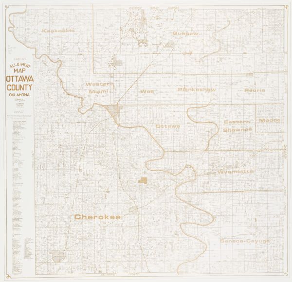 A map showing allotments of American Indian tribes in Ottawa County, Oklahoma. On the left side is a listing of Lead & Zinc Mines.