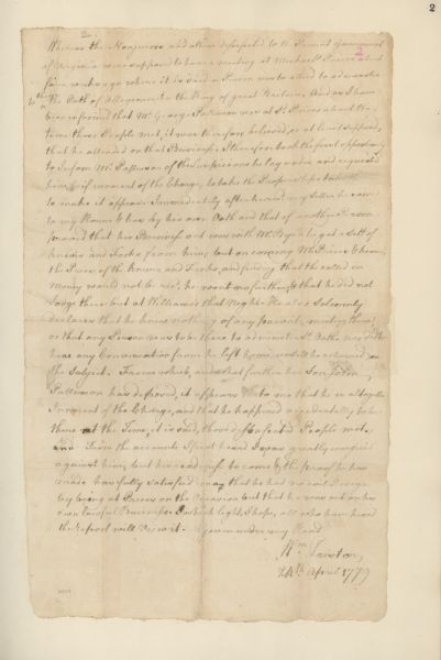 A statement written by William Preston. From <i>Preston and Virginia Papers</i> [Calendar series Volume 1]: "Statement acquitting George Patterson of the charge of having met at Michael Price's with the non-jurors and others disaffected to the existing government of Virginia for the purpose of taking the oath of allegiance to the King of Great Britain."