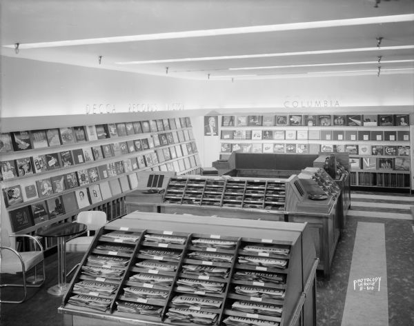 Elevated view of the interior of the Montgomery Ward Company phonograph record department, 215 State Street.