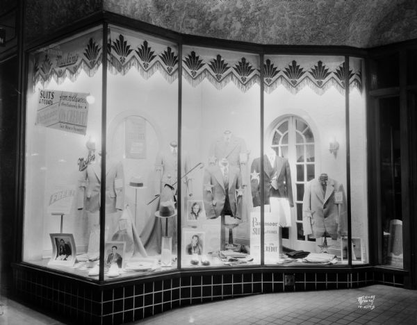 Moskin's Credit Clothing Co., 229 State Street, left display window of men's clothing.