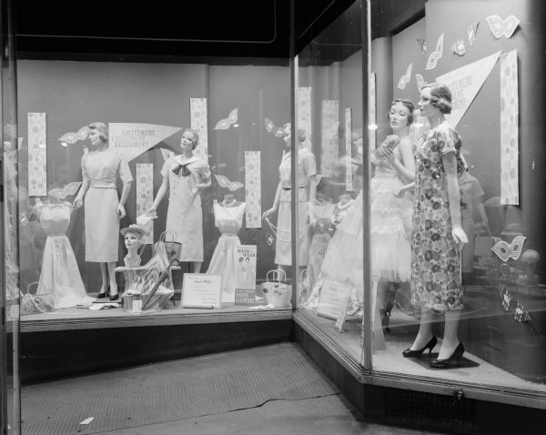 Hill's Department Store, 202 State Street, display window featuring summer dresses with five mannequins and a sign stating: "Excitement of Wash 'n Wear."