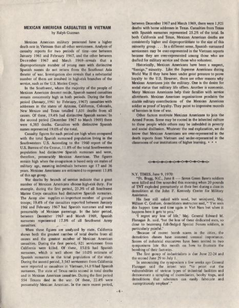 Page 4 of a GI newsletter with a story titled: "Mexican American Casualties in Vietnam" written by Ralph Guzman.