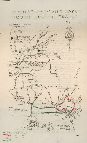 Map showing major highways and trails from Madison to Devil's Lake for Neighborhood House American Youth Hostel group trips. Routes of four trips are drawn on the map. There is a cartoon drawing of bikers and hikers near a cabin at the bottom, and a compass arrow with the AYH group symbol near the top.