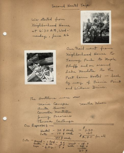 Page from the Neighborhood House log book of bike hosteling trips sponsored by the settlement house, with images of girls on their bikes and resting on a dock near canoes. Trip participants Marie Canepa, Anita Genna, Carmella Montalto, Jenny Pecoraro, and Theresa Castanga biked to Post Farm Hostel in Madison and other scenic spots before returning to Neighborhood House.