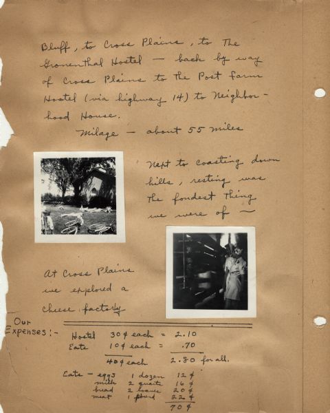 Second page of the log book of bike hostel trips taken by participants in the Neighborhood House summer program for girls, with images of bicyclists resting in the grass, and of a cheese factory in Cross Plains. Cyclists pedaled to Pine Bluff and Cross Plains before returning to Madison on a 55-mile roundtrip. Expenses for the trip are totaled at the bottom of the page.