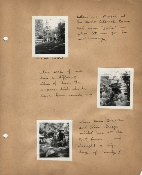 Page of the log book of bike hostel trips taken by participants in the Neighborhood House summer program for girls, with three images from the trip and handwritten memories of favorites times on the trip. Cyclists pedaled around Lake Mendota, including a trip to Picnic Point.