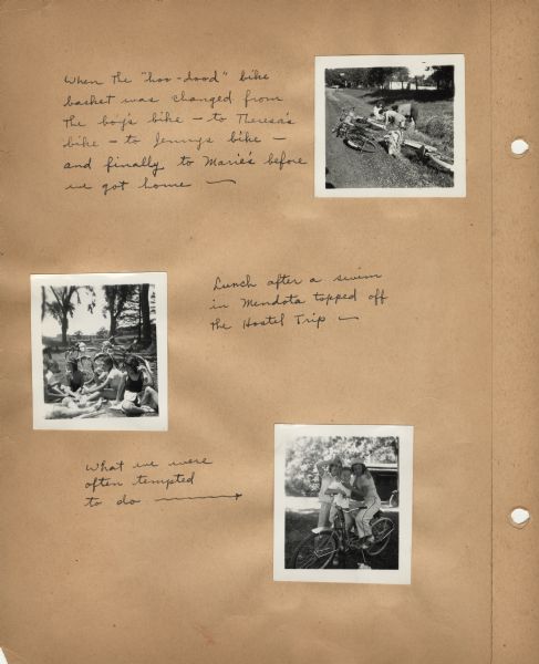 Page of the log book of bike hostel trips taken by participants in the Neighborhood House summer program for girls, with three images from the trip and handwritten memories of favorite times on the trip. Cyclists pedaled around Lake Mendota, including a trip to Picnic Point.