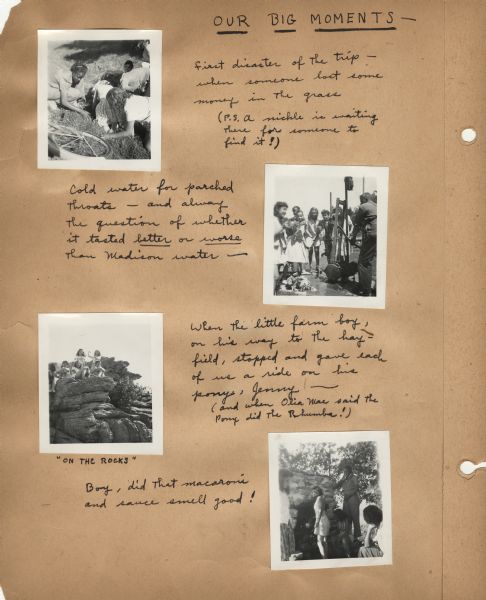 Page of the log book of bike hostel trips taken by participants in the Neighborhood House summer program for girls, with four images from the trip and handwritten memories of favorite times on the trip. Cyclists pedaled to Pine Bluff, then to Cross Plains and the Gronenthal Hostel there and returned the next day.