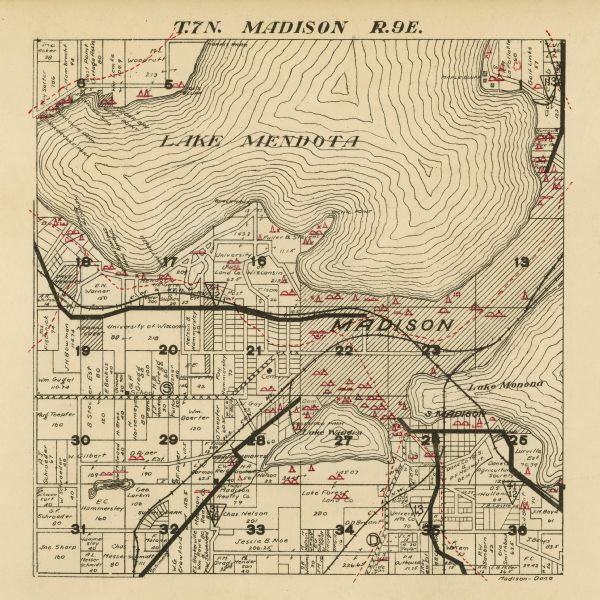 A map of the Madison Township, T7N R9E including Lake Mendota showing the location of Ho Chunk encampments and effigy mounds.