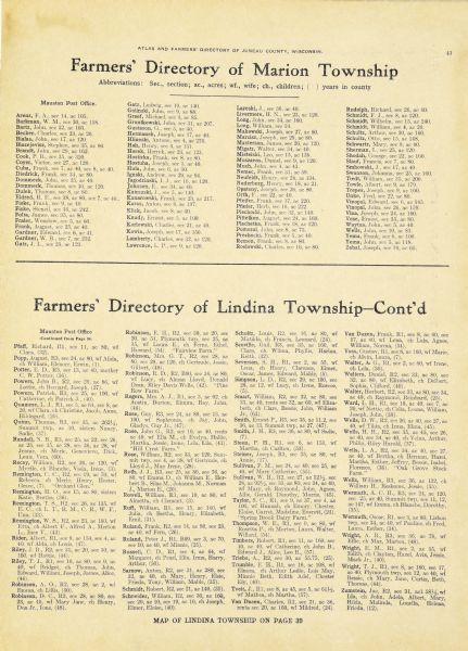 A farmer's directory of Marion Township listing farmers and locations of their farms. 