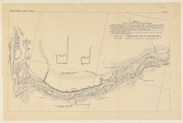 One of a set of maps from G.K. Warren's 1876 Report on the transportation route along the Wisconsin and Fox rivers in the State of Wisconsin between the Mississippi River and Lake Michigan. Sheets 1-7 each show a section of the Wisconsin River between its mouth south of Prairie du Chien and Portage; sheet 8 shows a portion of the upper Fox River at Portage. Details shown include tributaries and their acreages drained, topography and vegetation of the of the river valley, discharge rates at various points, dams, cities and towns, and railroads.