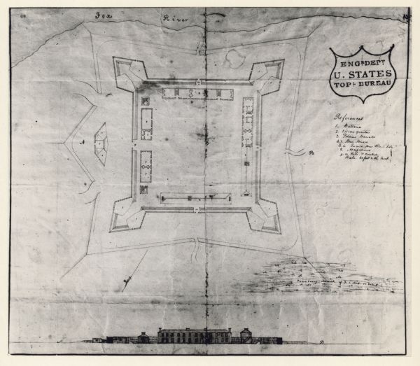 Overhead view of the layout of the fort, with the Fox River at the top, and a "Cranberry Marsh of 1/2 mile in extent" below right. At the bottom is a rendering of the front of the fort. Text at top right reads: "Engr. Dept. U. States Topl. Bureau"; "References 1. Batteries 2. Officers quarters 3. Soldiers Barracks 4. 7. Stone Houses 3. 6. Guard House & black hole(?) 8. Magazines 9. 10. Gate & wickets Scale. 60 feet to the inch".